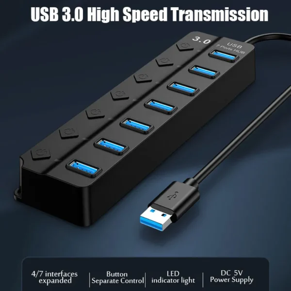 Adaptador de alimentação USB 3.0 4/7 portas Multi USB Splitter Hub USB 2.0 USB Expander múltiplo Switch 30CM Cabo Hub - Image 2