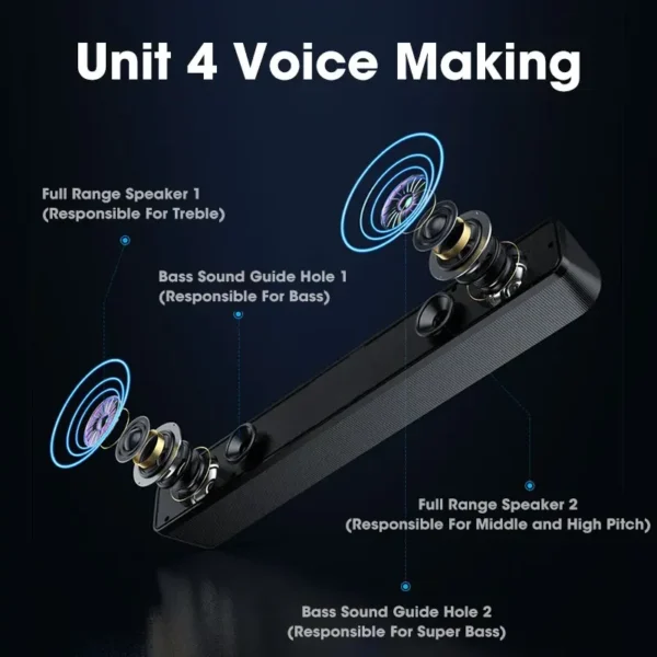 Alto-falante Bluetooth com e sem fio, Soundbar alimentado por USB para TV, PC, laptop, jogos, Home Theater, sistema de áudio surround - Image 6