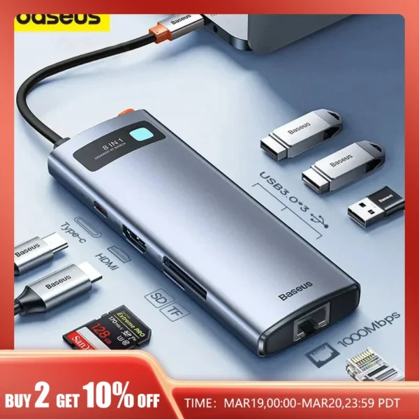 SUPER HUB Baseus 4K 60Hz USB Tipo C para Porta Ethernet PD 100W Adaptador para Macbook Pro USB 3.0 Hub Laptop Tablet Acessórios - Image 2