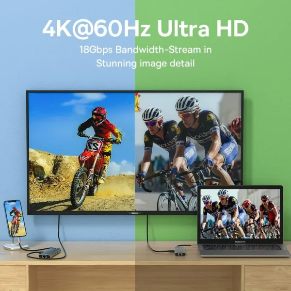 SUPER HUB Baseus 4K 60Hz USB Tipo C para Porta Ethernet PD 100W Adaptador para Macbook Pro USB 3.0 Hub Laptop Tablet Acessórios - Image 3