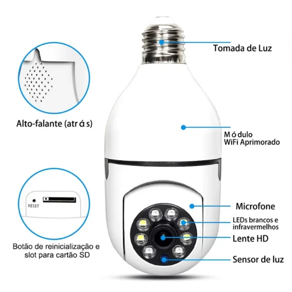 Câmera segurança wifi ip sem fio 360 com encaixe lampada bocal aplicativo yoosee ptz full HD visão noturna - bivolt - Image 6