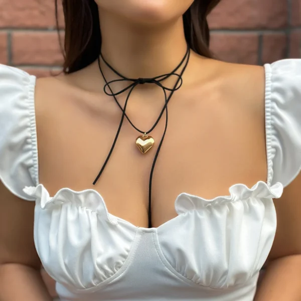 Colar Pescoço em Forma de Coração Preto Veludo para Mulheres, Arco Tecido Nó, Corrente Corda Ajustável, Acessórios Jóias, Pingente Elegante, Novo - Image 3