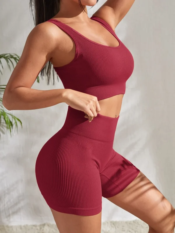 Conjuntos de Yoga sem nervuras para mulheres, conjuntos de treino,  ginástica, calções de cintura alta, corrida, 2 peças - Image 4