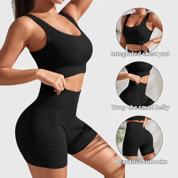 Conjuntos de Yoga sem nervuras para mulheres, conjuntos de treino,  ginástica, calções de cintura alta, corrida, 2 peças - Image 6