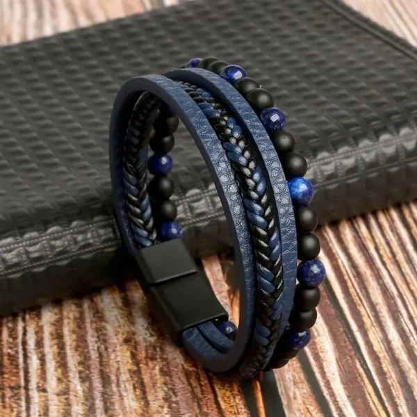 Pulseira De Couro Clássico Moda Olho De Tigre Frisado Multi Camada Para Homens - Image 2