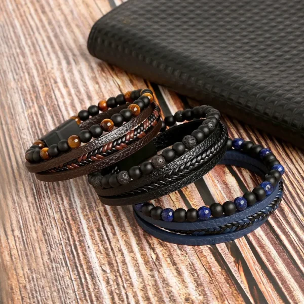 Pulseira De Couro Clássico Moda Olho De Tigre Frisado Multi Camada Para Homens - Image 3