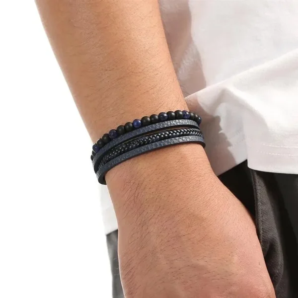 Pulseira De Couro Clássico Moda Olho De Tigre Frisado Multi Camada Para Homens - Image 4