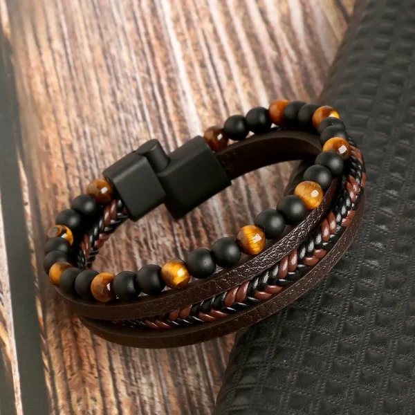 Pulseira De Couro Clássico Moda Olho De Tigre Frisado Multi Camada Para Homens - Image 5