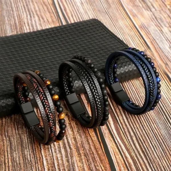 Pulseira De Couro Clássico Moda Olho De Tigre Frisado Multi Camada Para Homens
