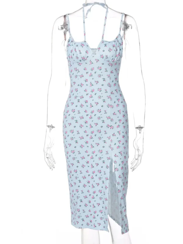 Vestido maxi floral sem mangas de cetim, bandagem franzida, recortada, moda verão - Image 6