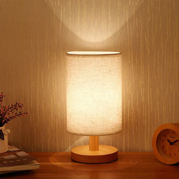 Lâmpada de cabeceira USB com Sombra Cilindro, Abajur para Quarto, Luz de mesa de madeira, Home Decor