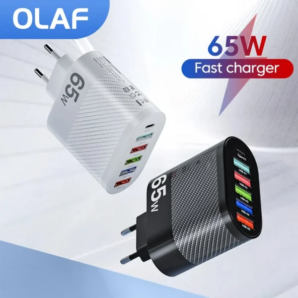 Carregador USB com 5 Portas, PD Adaptador de Carregamento para Xiaomi, iPhone 13, Samsung Mobile Phone Plug, QC 3.0 Carregador de Parede, 65W