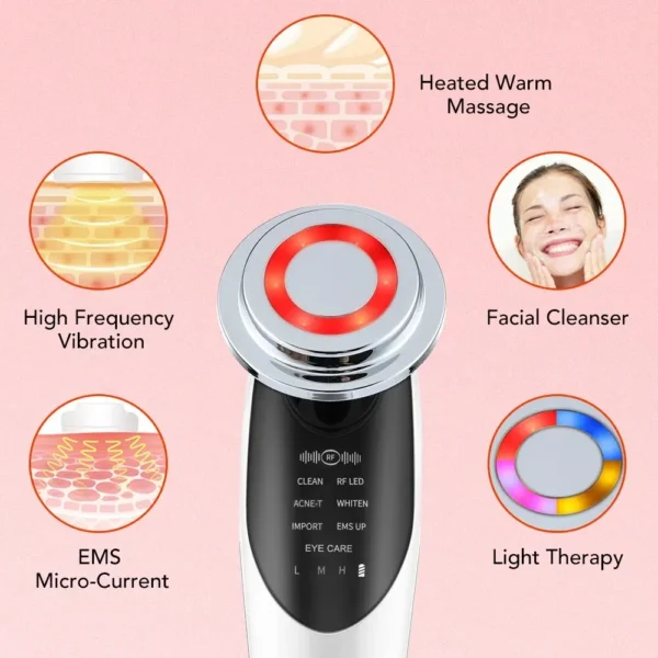 Massageador Removedor de Rugas, Anti Envelhecimento Facial Poderoso Reparador para Rejuvenescimento e Beleza da Pele. Dispositivo, 7 em 1 RF e EMS Micro Levantamento LED vibração no Rosto. - Image 6