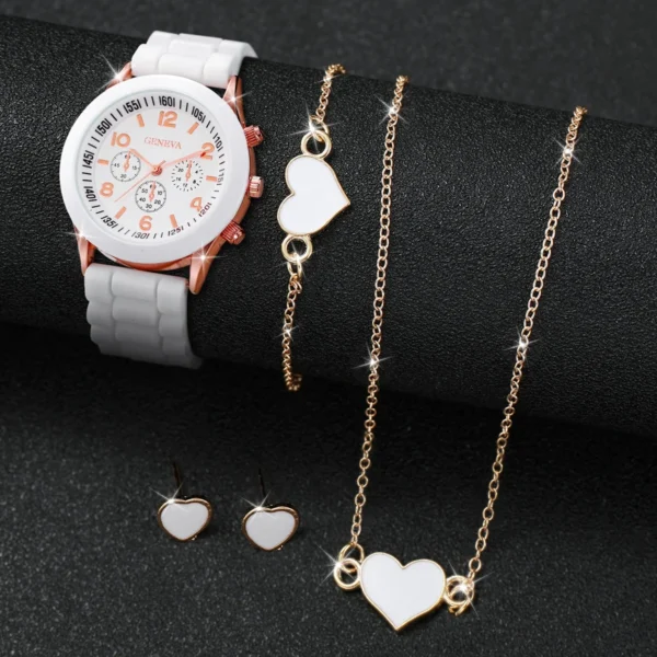 Relógio Genebra Moda Feminina, Faixa De Silicone, Conjunto De Jóias De Coração Sem Caixa, 4 Un - Image 4