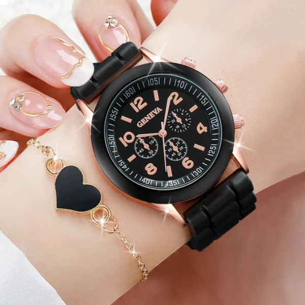 Relógio Genebra Moda Feminina, Faixa De Silicone, Conjunto De Jóias De Coração Sem Caixa, 4 Un - Image 6