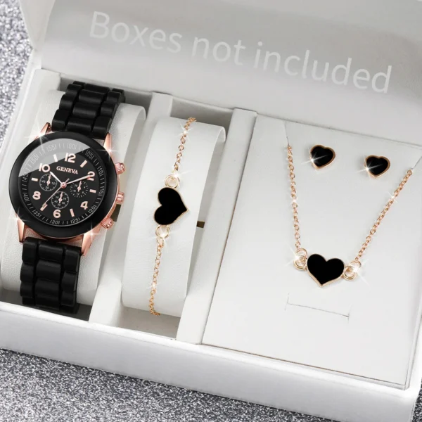 Relógio Genebra Moda Feminina, Faixa De Silicone, Conjunto De Jóias De Coração Sem Caixa, 4 Un