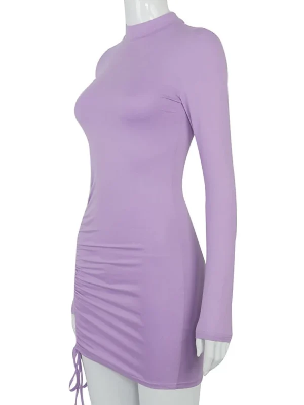 Vestido feminino de manga comprida Ruched Bodycon, gola alta, mini vestidos bandagem, preto, magro, elástico, festa, outono - Image 5