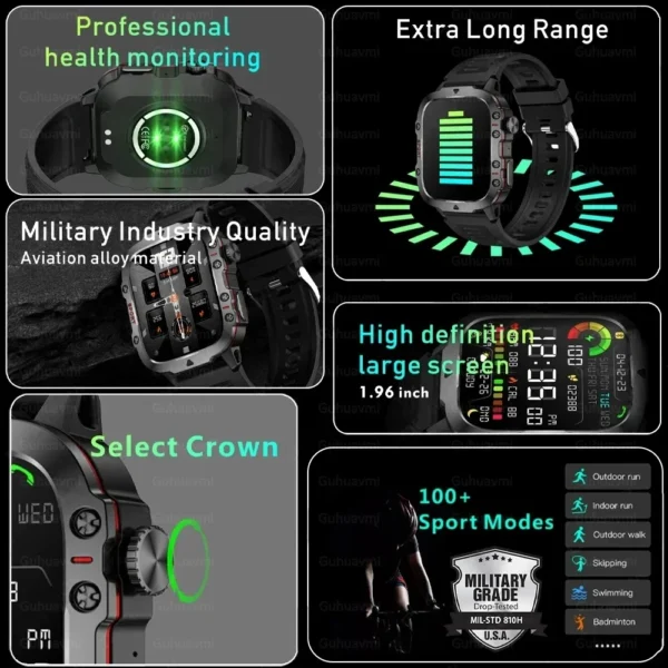 Relógio Smartwatch esportivo à prova d'água para homens, chamada bluetooth, mede o nível de oxigênio no sangue, smartwatch, tela 1.96 ", 420 mAh, esporte - Image 2